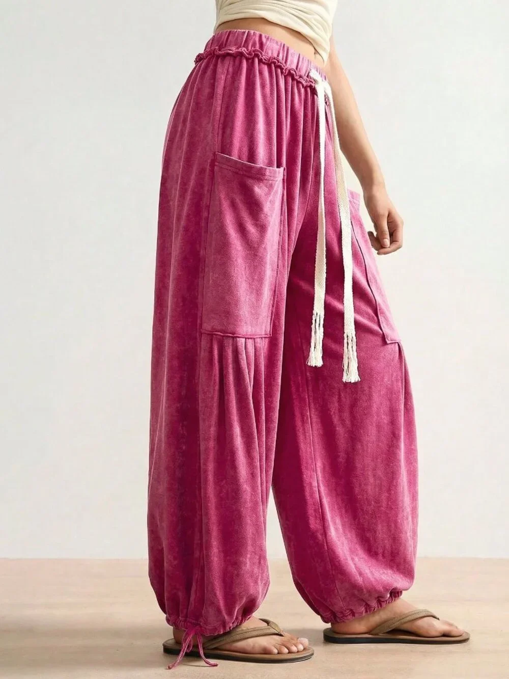 Casual Boho Hot Pink Women's Loose Knit Pants - Picture 4 of 6